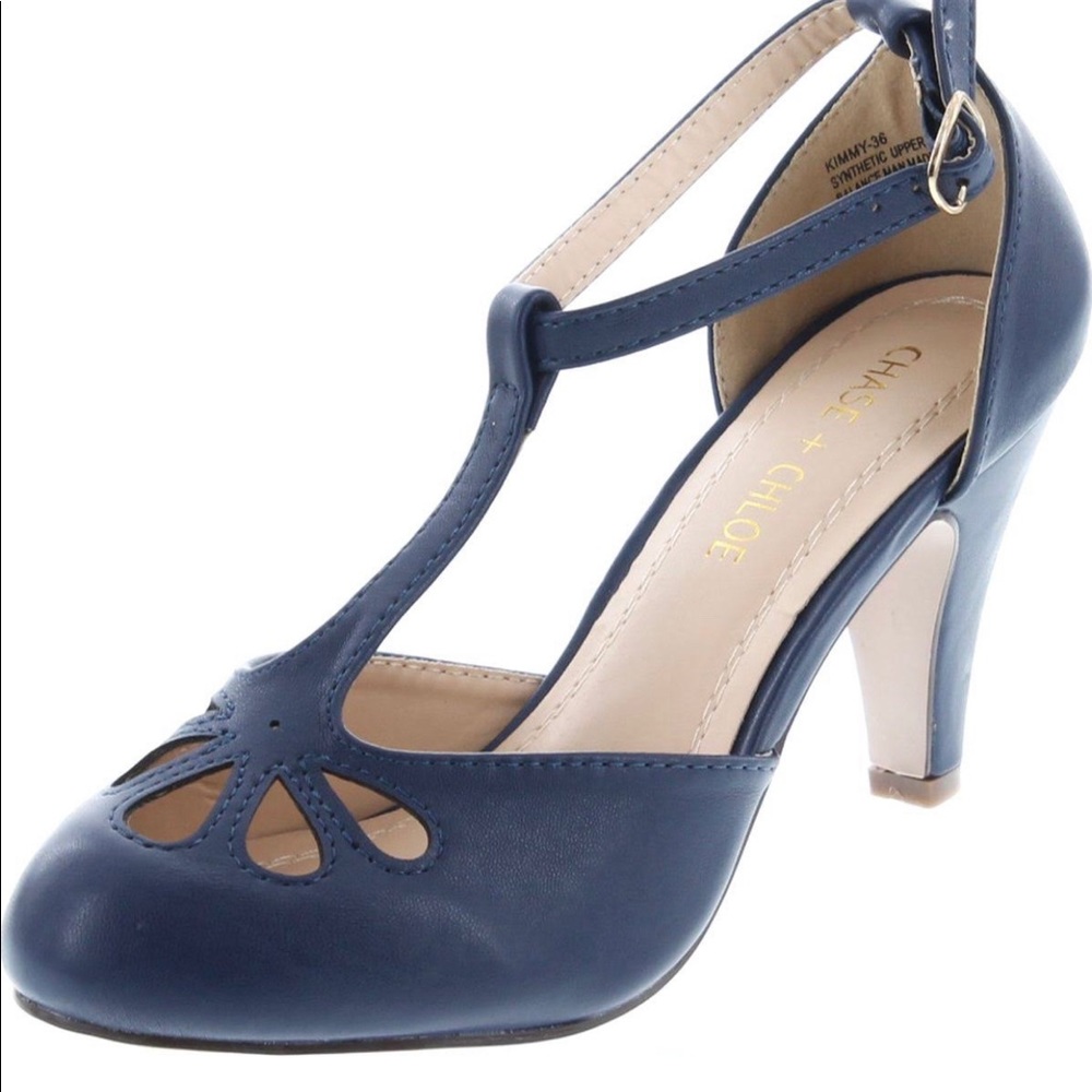 NEW Women's Vintage Heels T-Strap Tear Drop BLUE